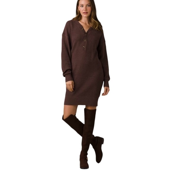 NEW PrAna Milani Henley Thermal Waffle Knit Dress in Clove Brown Size XS - Picture 1 of 8